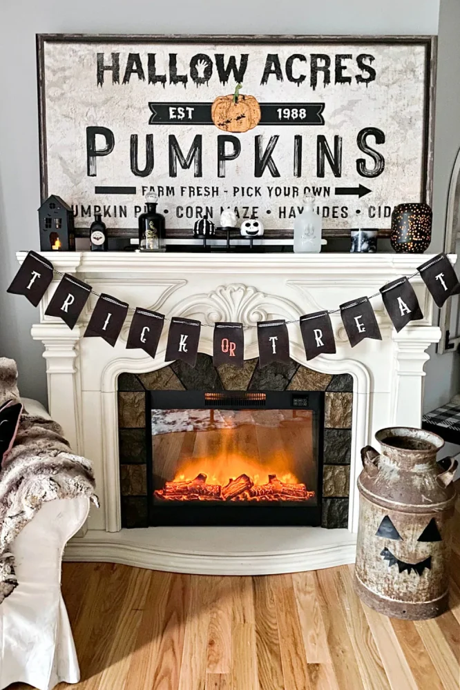 Farmhouse Fireplace Display With Pumpkin Sign