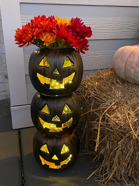 Glowing Halloween Pumpkin Stack with Mums