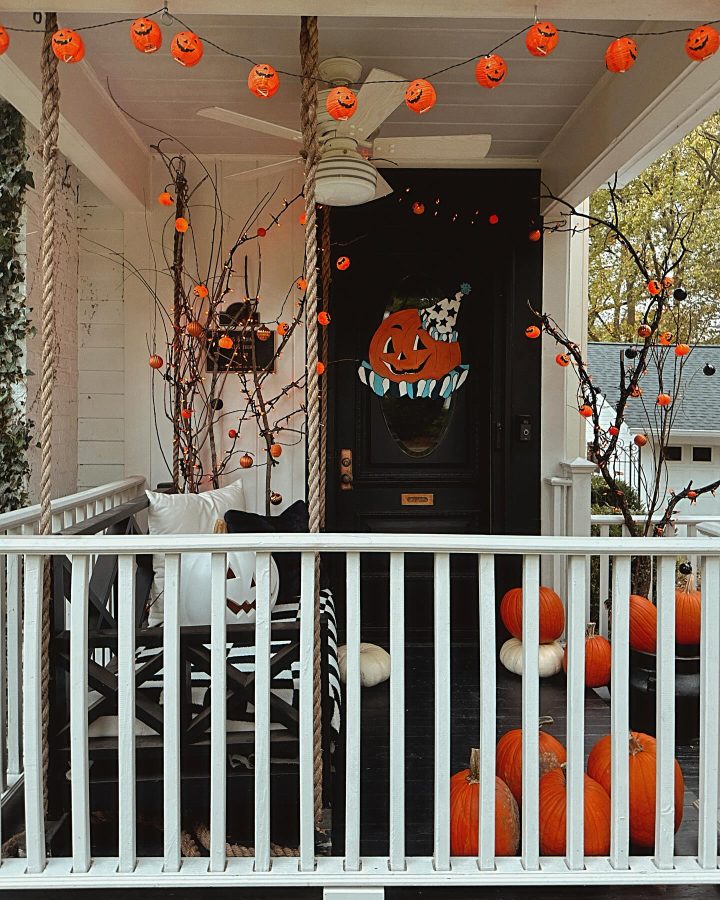 Hanging Orange Jack-O-Lantern Lights for a Porch Ceiling