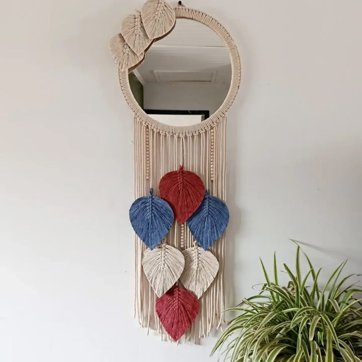 Mirror with Macrame Feather Crown and Tricolor Leaves