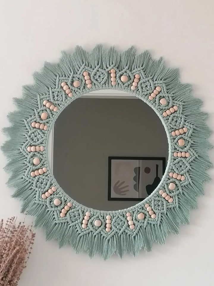 Sage Green Mirror with a Beaded Sun Frame