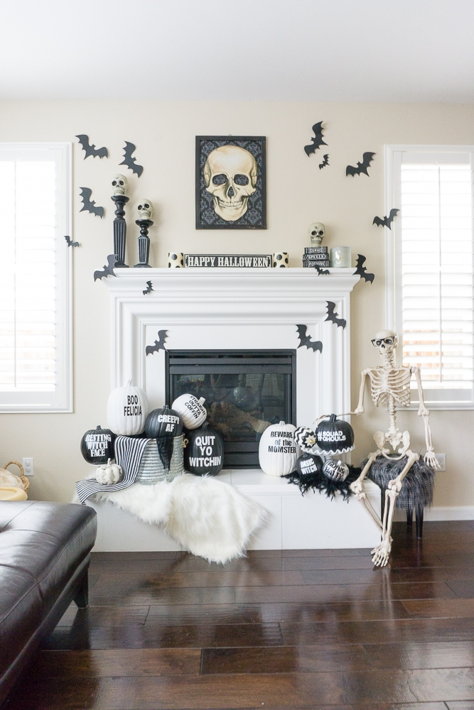 Skeleton and Pumpkin Fireplace Display