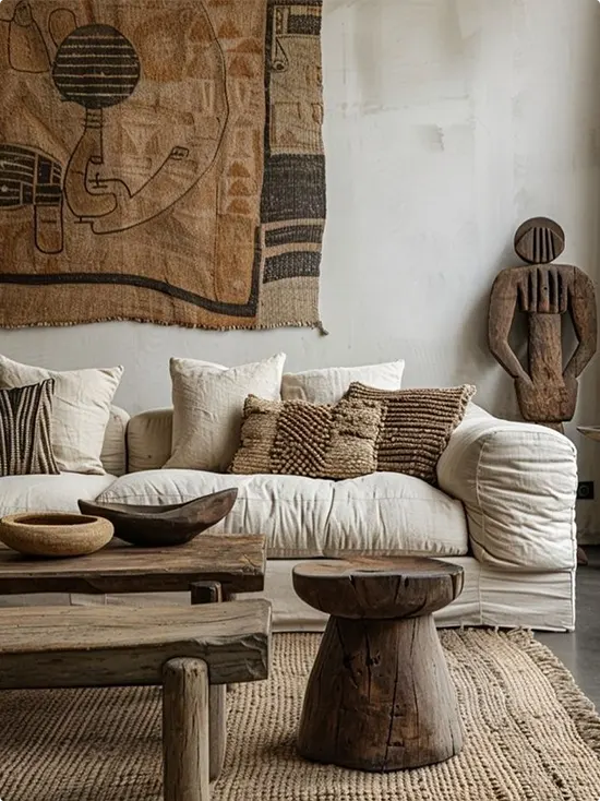 A carved wood stool beside a white linen sofa with a woven Kuba tapestry above