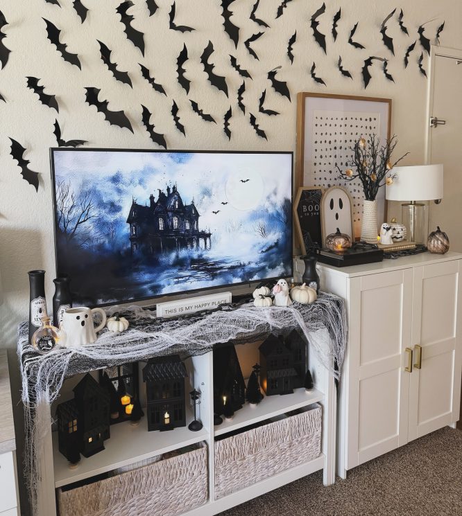 Bat Swarm Wall Display Over Cheesecloth Console