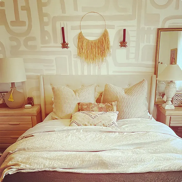 Cream and Tan Tribal Accent Wall with Woven Fringe Hoop