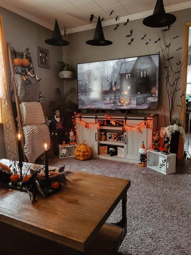 Farmhouse Console With Witch Hats Overhead