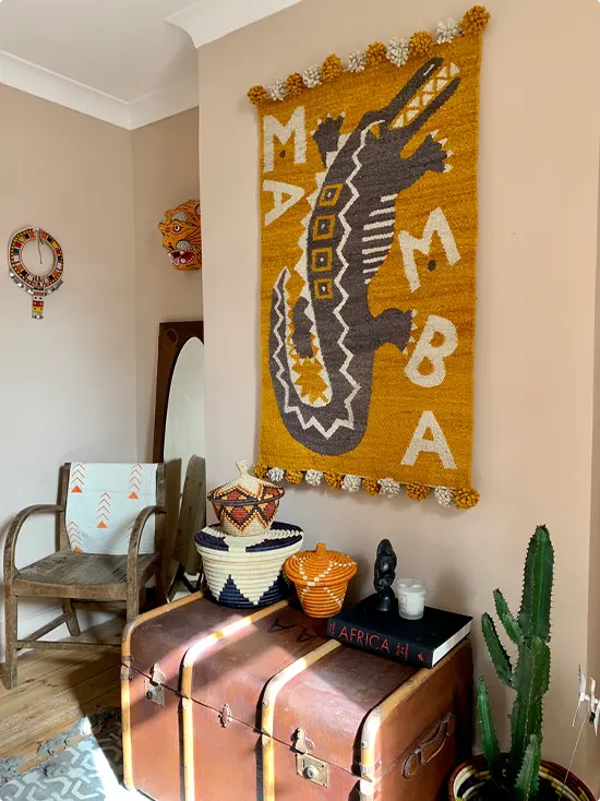 Golden Mamba Tapestry and Vintage Leather Trunk