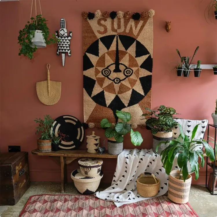 Indoor Plants and Woven Baskets for a Sun Tapestry Wall