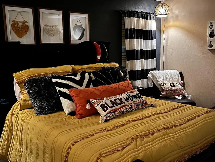 Mustard Bedroom with Striped Curtains