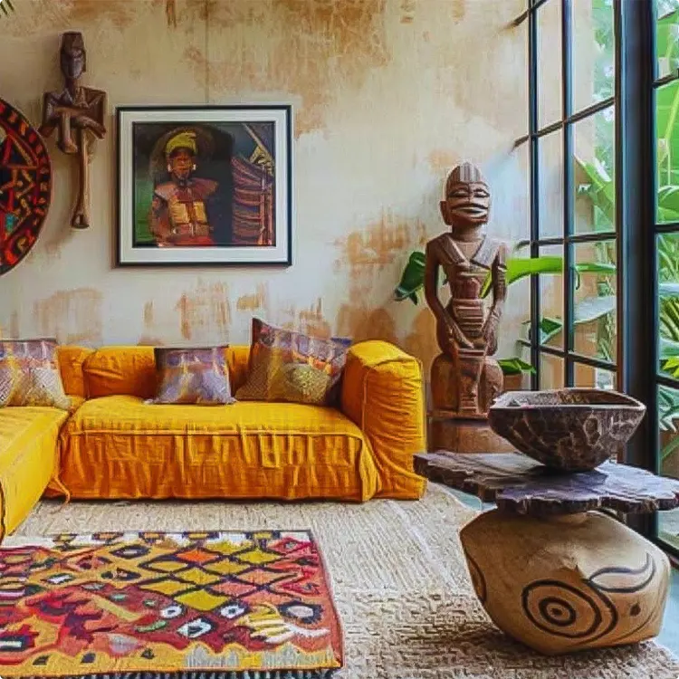Mustard sofa, tribal floor rug, and carved wood figures