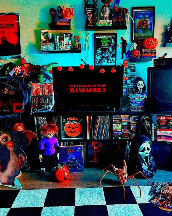 Neon Horror Display and VHS Tape Wall