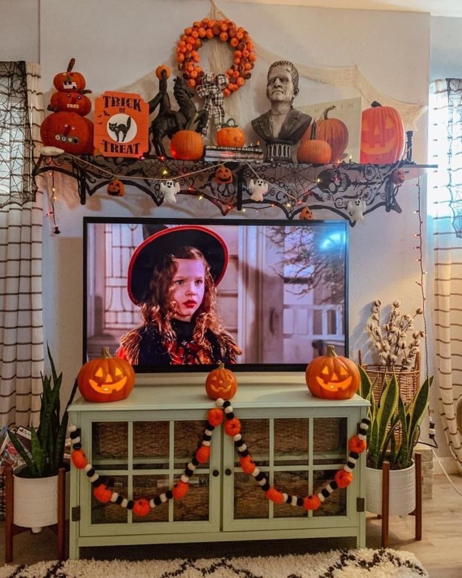 Pumpkin Wreath Centerpiece on a Sage Green Console