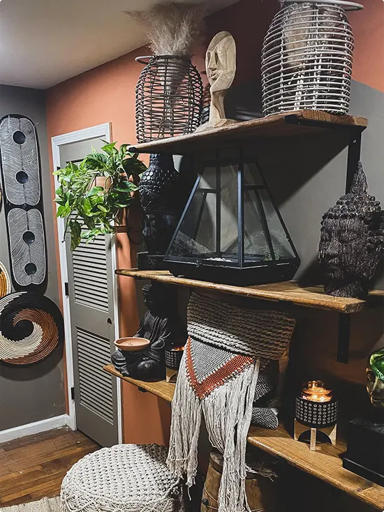 Stacked Wooden Shelves with African Sculptures