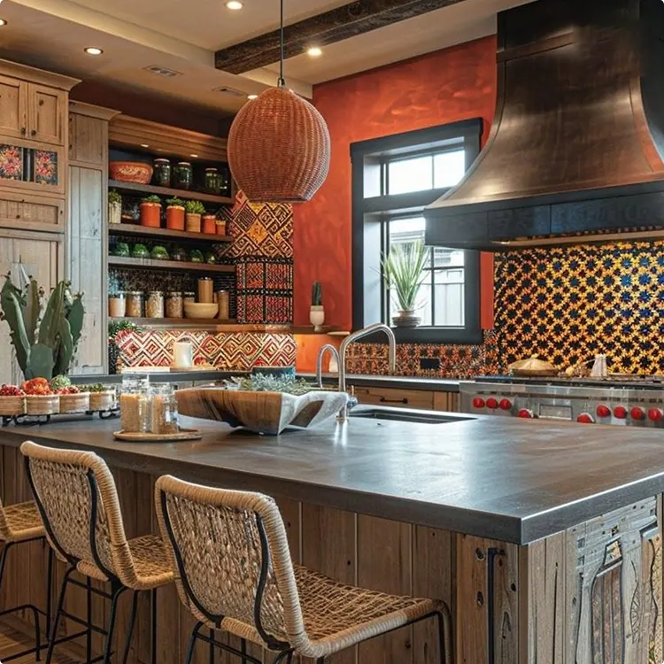 Terracotta Kitchen with Large Woven Globe Light and Two Patterned Tile Backsplashes