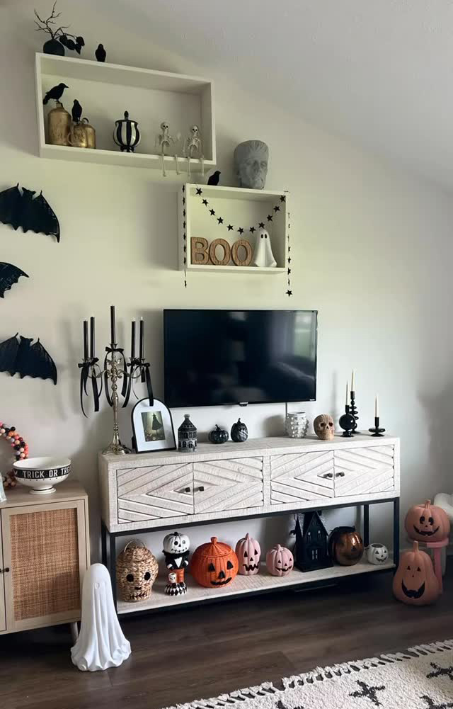 Two Floating Shelves Above TV with BOO Cutout Box