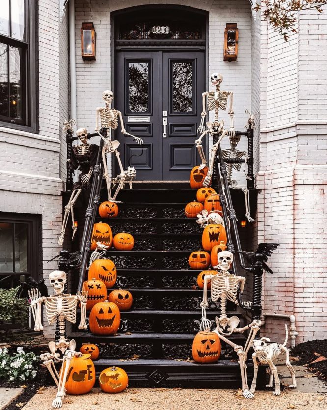 Skeleton and Jack-o'-Lantern Staircase Display