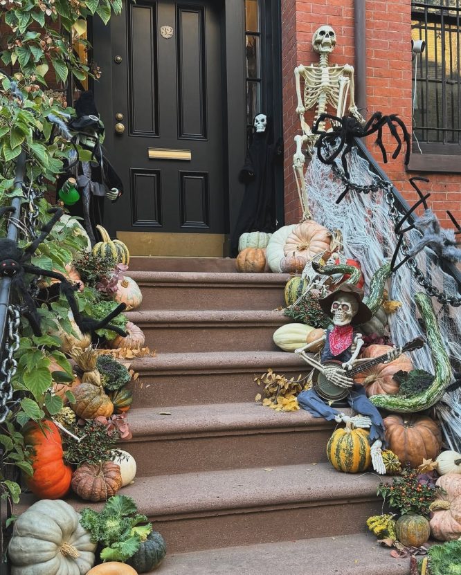Skeleton Musician on the Pumpkin Stoop