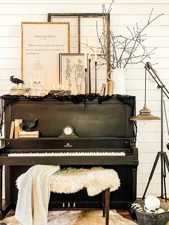 Halloween vignette with a vintage piano