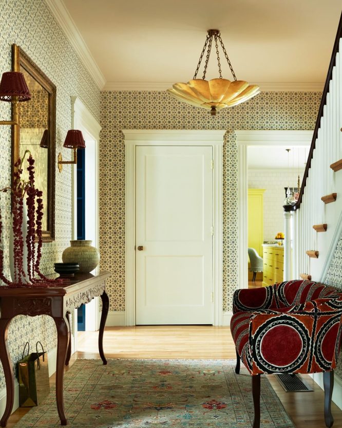Carved Console Table and Geometric Wallpaper