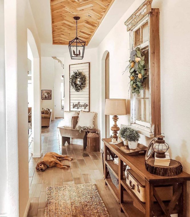 Herringbone Wood Ceiling Over a Hallway Welcome Nook