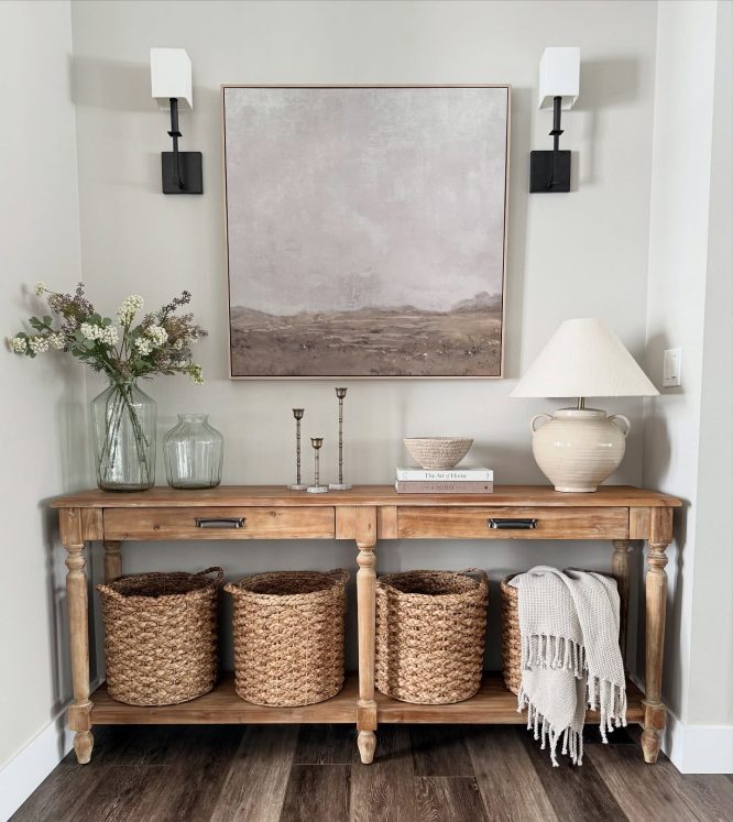 Long Farmhouse Console Table with Moody Landscape Art