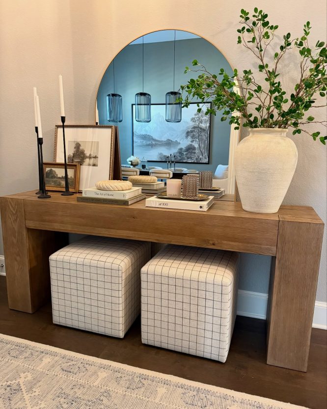 Modern Farmhouse Oak Console with Chunky Legs and Two Checkered Ottomans
