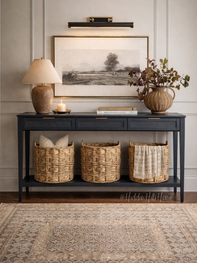 Navy Farmhouse Console Table with Woven Baskets