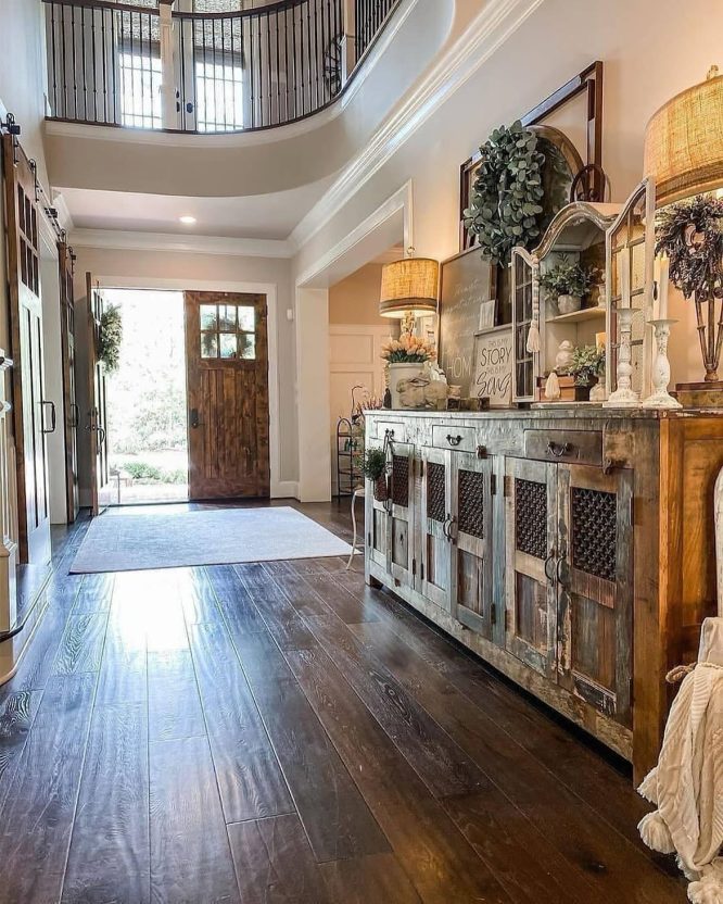 Reclaimed Wood Console Cabinet in a Two-Story Entry