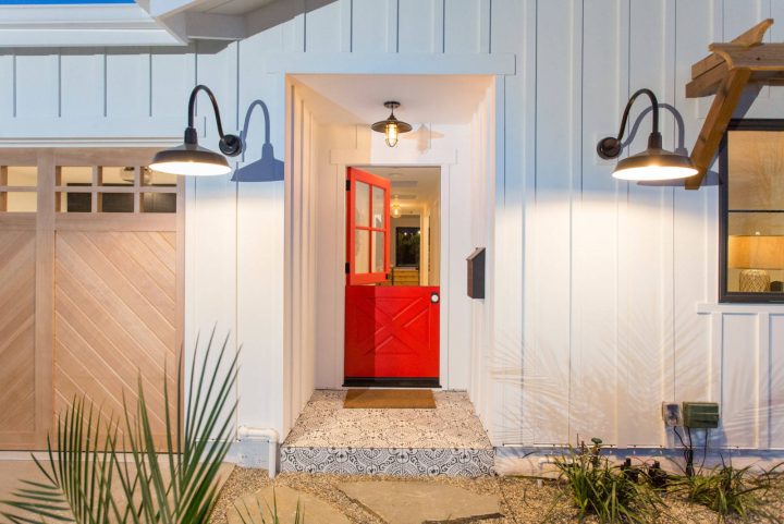 Red Dutch Door with Black Gooseneck Sconces