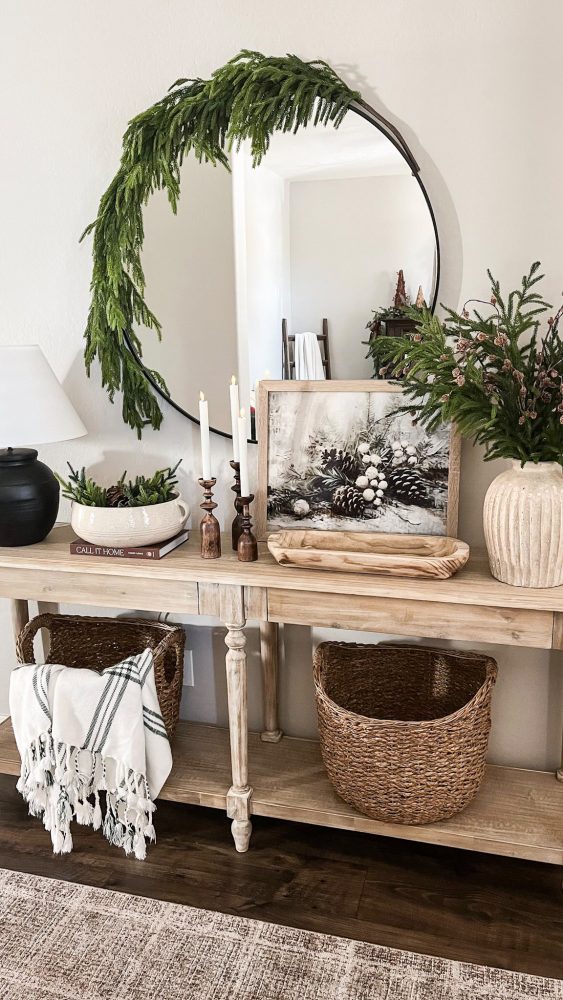 Round Mirror with Evergreen Winter Botanicals