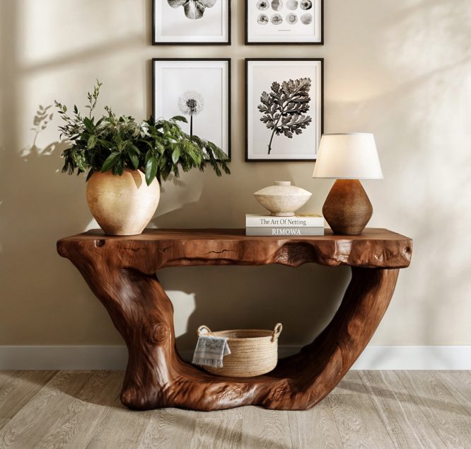 Rustic Live-Edge Table Beneath a Botanical Wall