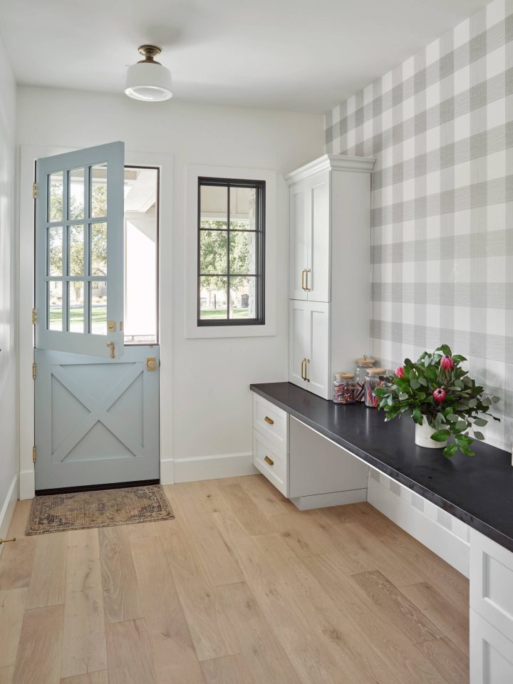 Sky Blue X Panel Dutch Door in a Gray Buffalo Check Mudroom