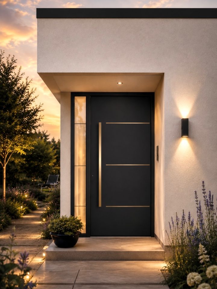 Smooth Black Modern Front Door at Sunset
