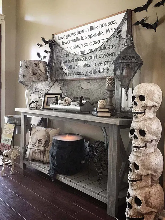 Stacked Skulls on Farmhouse Table
